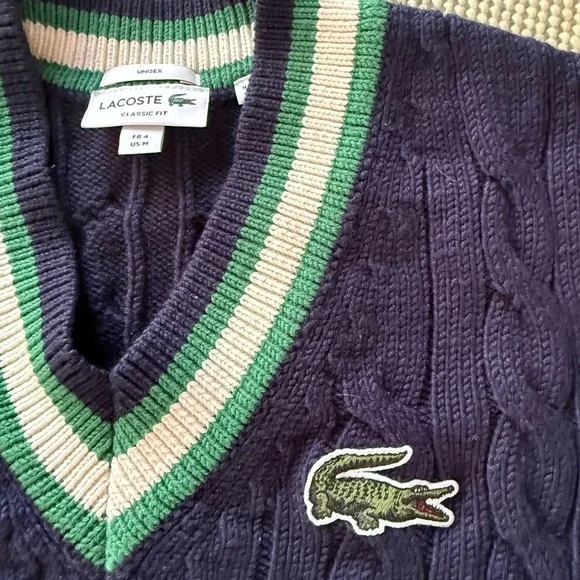 Lacoste Navy Cable-Knit V-Neck Sweater with Green and Cream Stripes - Picture 3 of 5
